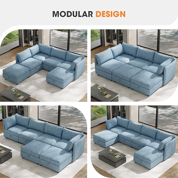 6 Seat Modular Sectional Sofa with Storage Convertible Sectional Couch Modular Sofa with Chaise Living Room Furniture Sets U Shaped Couch with Ottoman Couches for Living Room Blue