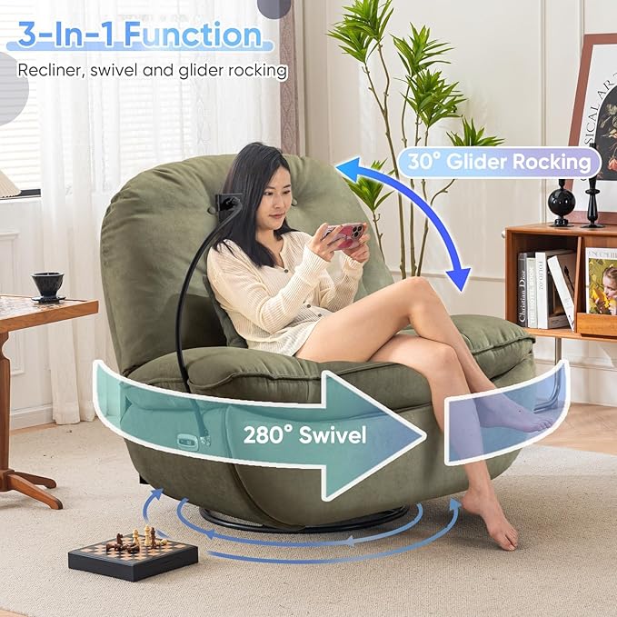 Smart Oversized Electric Recliner Chair 360° Round Swivel Rocking Glider Rocker for Adults Modern Comfy Ergonomic Chaise Lounge Indoor Theater Seating Living Room Reading Emerald Green Fabric