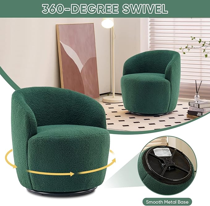 Swivel Chair Barrel Accent Sofa Modern Teddy Fabric Club 360 Degree Small Leisure Arm Chair for Nursery Living Room Hotel Bedroom Office Lounge Green 25.6D x 25.6W x 27.56H Inch