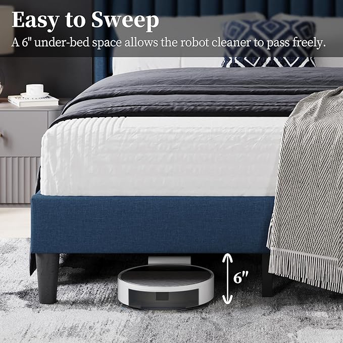Yaheetech Full Size Bed Frame Upholstered Platform Bed with Wing Edge Headboard Square Tufted Fabric/Mattress Foundation/Wooden Slats Support/No Box Spring Needed/Easy Assembly/Navy Blue
