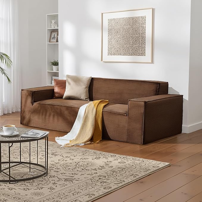 VEVOR 3-Seater Sofa in a Box 83-Inch No Assembly Corduroy Couch with Memory Foam Deep Seats for Living Room Apartment or Office Brown