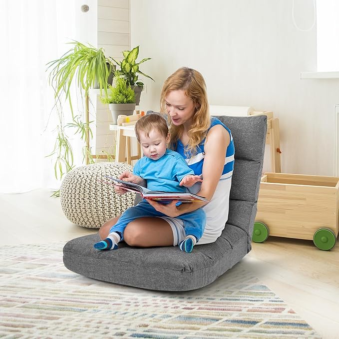 ERGOMASTER Floor Gaming Chair with Back Support 14 Adjustable Positions Folding Recliner Alloy Steel Frame High Resilience Sponge &amp Linen Fabric Couch Recliner for Playing Reading for Adults Kids