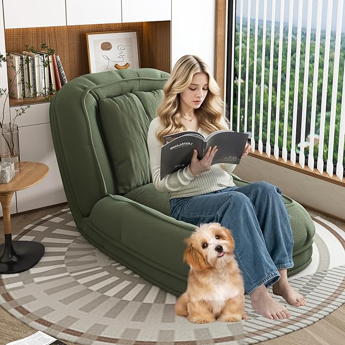 71 Upholstered Human Dog Bed for Adults &amp Pets 5 Adjustable Foldable Lazy Sofa Bed with 2 Soft Pillows for Bedroom Living Room Reading Corner Green