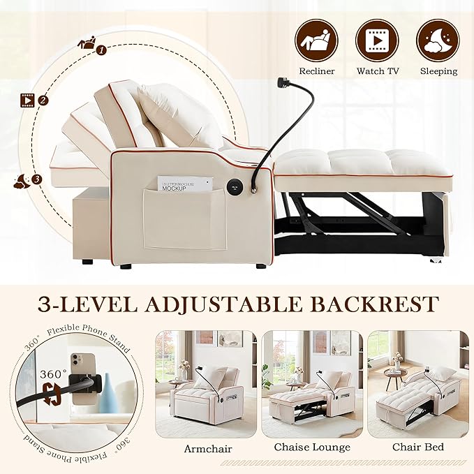 SLEERWAY 3-in-1 Convertible Futon Sofa Bed Chair Multi-Functional Sleeper Chair Bed with Pull Out Couch and Adjustable Backrest Modern Velvet Chaise Lounge Armchair for Living Room Bedroom Beige
