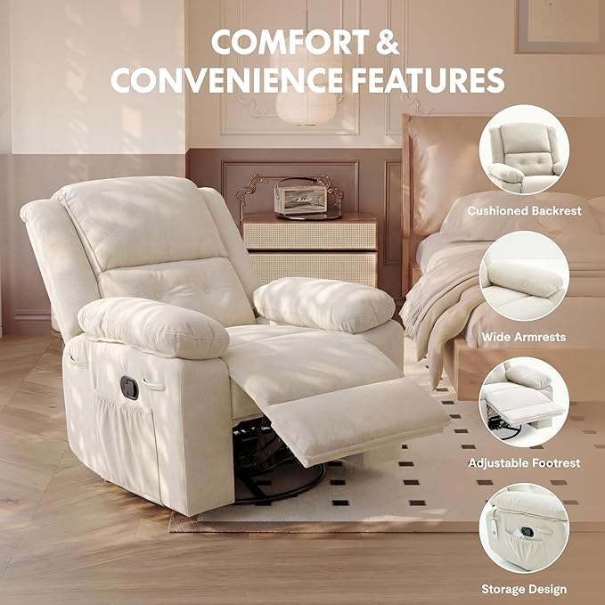 FLEXISPOT Swivel Rocker Recliner Chair for Adults Massage Recliner Rocking Chair Nursery 360° Swivel Nursery Glider for Living Room Bedroom Beige (XRC2)