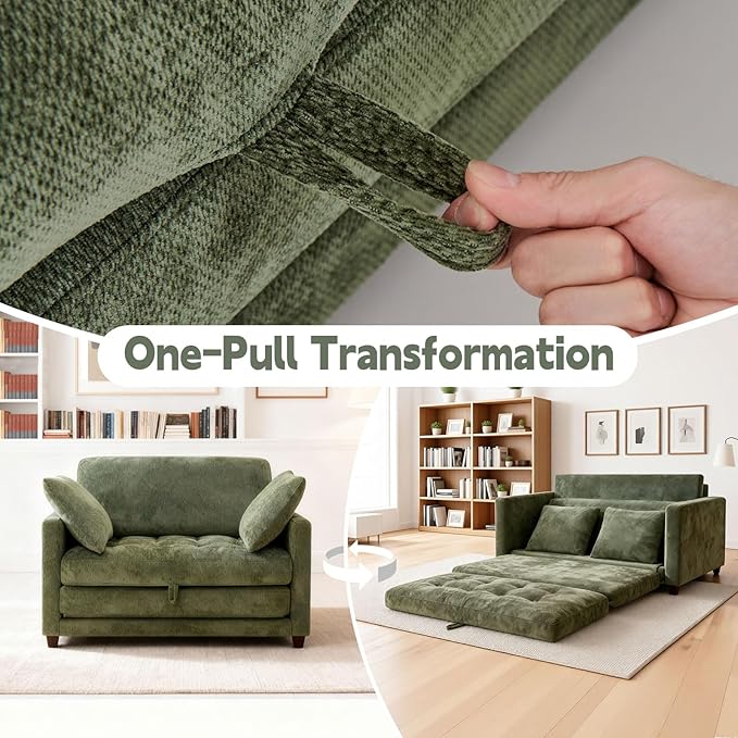 2-in-1 Convertible Loveseat Sofa Bed - Folding Pull-Out with Deep Seat 2 Pillows &amp Solid Steel Frame Loveseat Sleeper Sofa Bed for Small Spaces Apartment Living Room &amp Guest Room (Green Ch