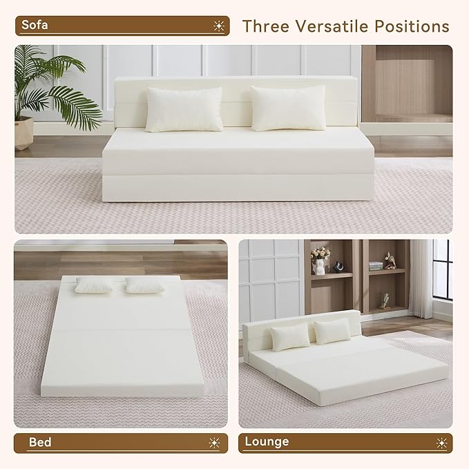 Folding Sofa Bed Convertible Floor Couch Foldable Chair Bed with PillowLinen Sleeper Chair FutonFoldable Memory Foam Mattress for Bedroom/Living Room/Dorm/Office (Beige Queen)