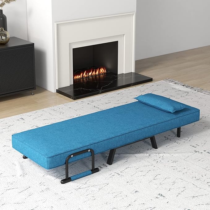 MAT EXPERT Convertible Sleeper Chair with Pillow 4-in-1 Modern Folding Chair Bed with 6-Level Adjustable Backrest Single Comfy Couch Bed for Living Room Office Balcony Apartment (Blue)