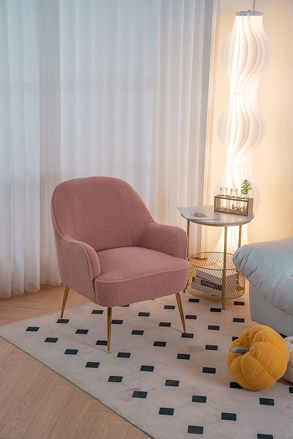 Modern Soft Teddy Fabric Pink Ergonomics Accent Chair Living Room Chair Bedroom Chair Home Chair with Gold Legs and Adjustable Legs for Indoor Home