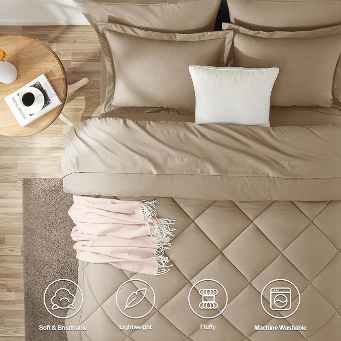 CozyLux Full Size Comforter Sets Taupe - 7 Pieces Bed in a Bag Full Luxury Soft Bed Set for All Seasons Bedding Set with Down Alternative Comforter Sheets Pillowcases &amp Shams