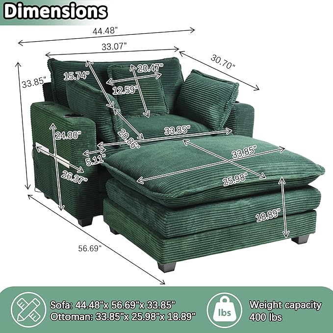 Corduroy Oversized Chair with Seat Pad - 44 Wide King Comfortable Chair and Seat Cushion Set Modern Single Sofa Armrest with USB Port and Cup Holder Living Room Cloud Lounger (Green)