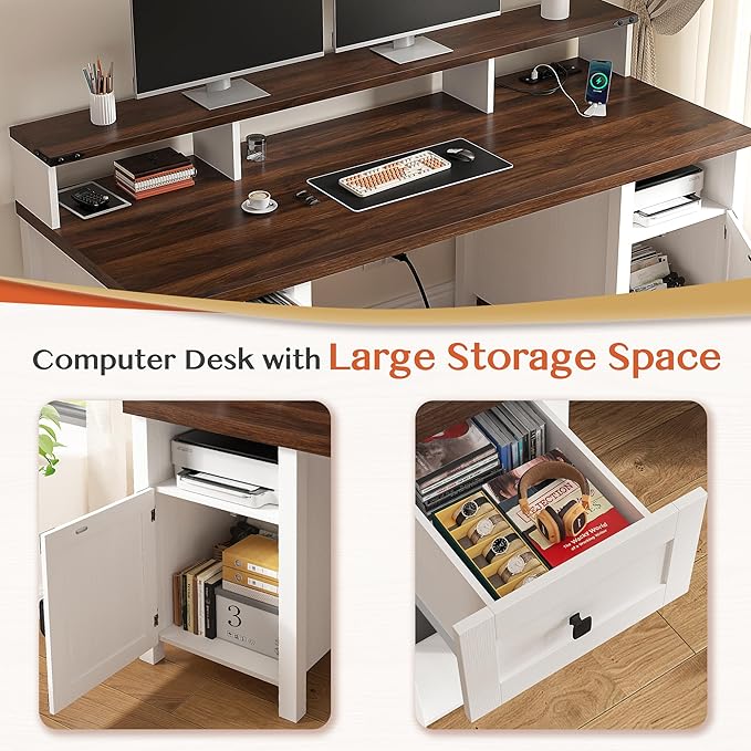 EnHomee Computer Desk with Drawers23 D Home Office Desk with StorageWooden Desk with Monitor StandFarmhouse Desk with Printer Space and Power Outlets for StudioWork StudyWriting&ampGamingWhit
