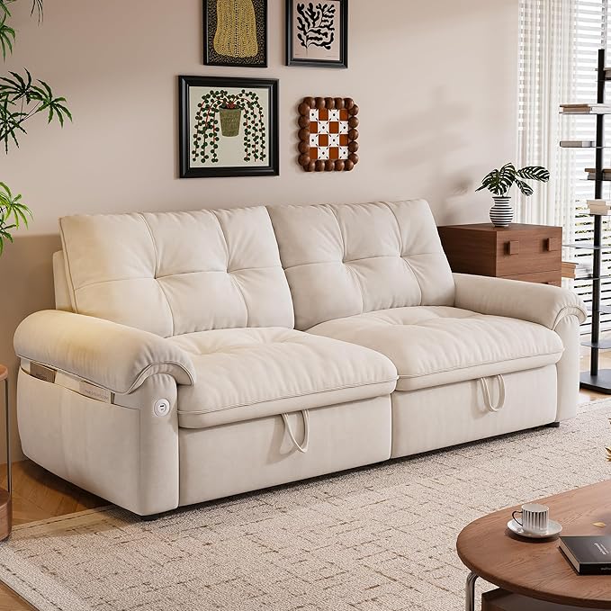 77 Queen Size Sofa Bed Loveseat Sleeper Sofa with Pull Out Bed Pockets and USB Velvet Fabric 2 Seater Convertible Small Couch for Living Room Bedroom Apartment Beige