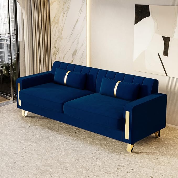 85.63 Modern Blue Velvet Sofa with Gold Metal Legs Large Upholstered Mid Century Modern Comfy 3 Seater Dark Blue Couches for Living Room (Blue)