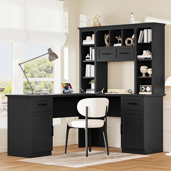 Polibi L-Shaped Computer Desk with Storage - 2-in-1 Design with 2 Drawers and 2 Cabinets 11 Open Shelves &amp Power Outlet for Home Office Black