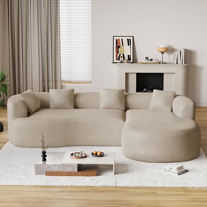 111 Oversized Sectional Sofa with Right Chaise for Living Room Modern Luxury Chenille 4-Seater Couch Extra Deep Seat L-Shape Curved Cloud Couch with 4 Throw Pillows Light Brown