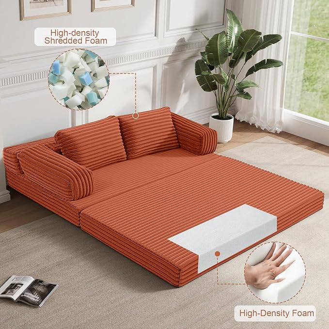 MeMoreCool Convertible Sofa Bed Folding Floor Couch Bed Queen Pull Out Sleeper Couch with Pillows Fold Out Futon Sofa for Bedroom Living Room Small Space Corduroy Orange