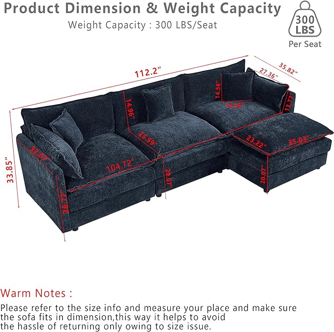 Setawix Deep 3 Seater Couch with Ottoman112.2 L-Shaped Cloud Couches for Living RoomChenille Cloud Sofa Couch with Deep SeatModular Sectional L Shape 3 Seat Sofa for Bedroom. (Blue 3+1)