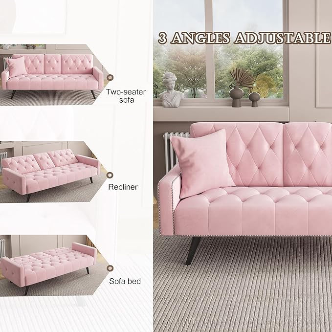 Modern Velvet 2 in 1 Futon Sofa BedConvertible Folding Sleeper Bed Couches with 2 Pillows73 Tufted Recliner Love Seat with Golden Chrome Legs for Living Room Apartment Office (Pink)