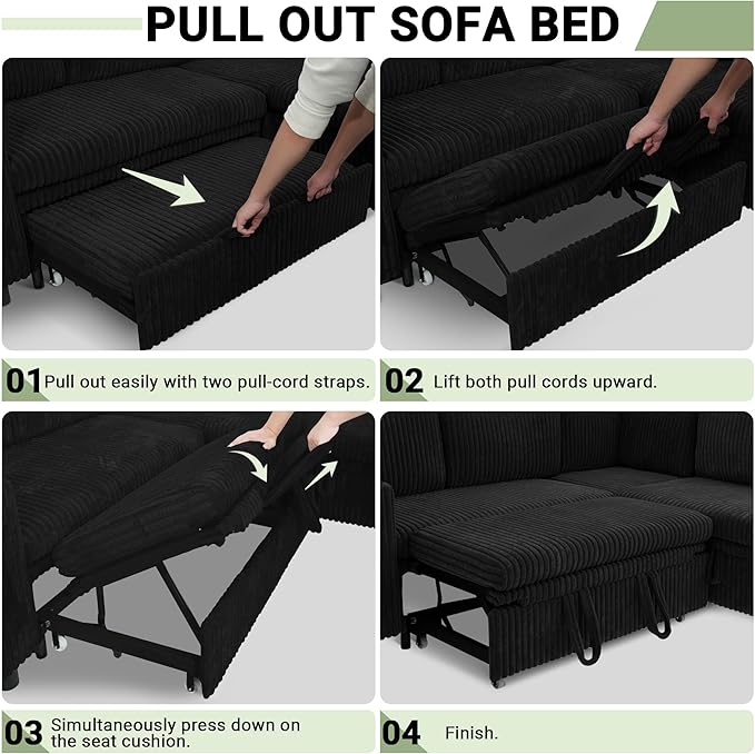Sectional Sleeper Sofa with Pull Out Bed Storage Chaise Sectional Couches for Living Room Black Corduroy Couch with Storage Pull Out Bed 2 Cup Holders &amp USB Charging Ports Black