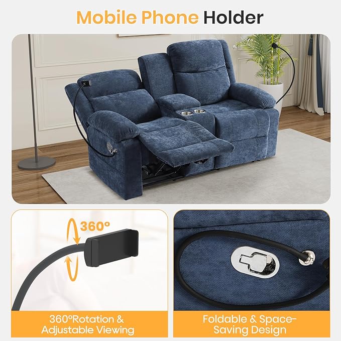 Loveseat Recliner Sofa Reclining Loveseat with Console RV Wall Hugger Double Loveseat Recliner Couch for Living Room &amp Home Theater (Blue)