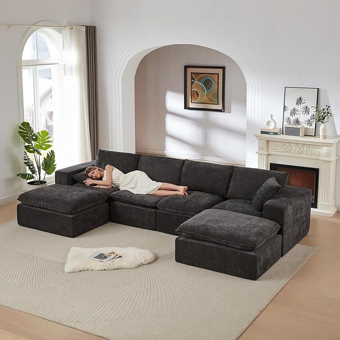 Luxury Modular Sectional Sofa with 2 Ottomans 6-Piece Oversized Cloud Couch Black Chenille Fabric Boneless Sofa for Living Room &amp Bedroom | Boneless Couch Chenille Fabric Sectional Sofa