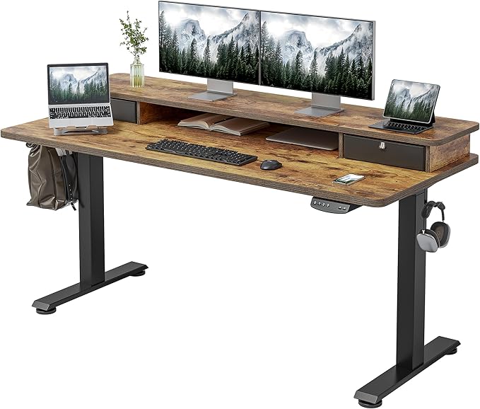 CubiCubi Electric Standing Desk with Double Drawers 55x24 Inch Height Adjustable Sit Stand Desk with Storage Shelf Home Office Computer Workstation Rustic Brown