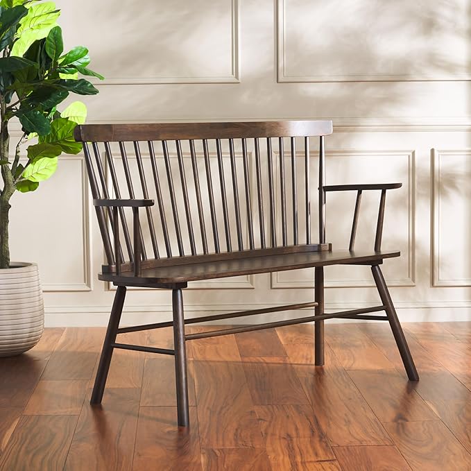 SAFAVIEH Home Collection Addison Farmhouse Dark Walnut Solid Wood Windsor Spindle Loveseat Bench