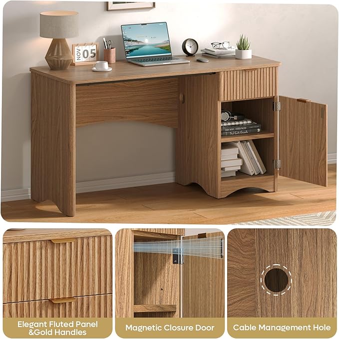 Bestier Computer Desk with Drawer 47 inch Office Desk with Storage Cabinet Modern Wood Desk Adjustable Shelves for Home Office &amp Studio Brown Oak