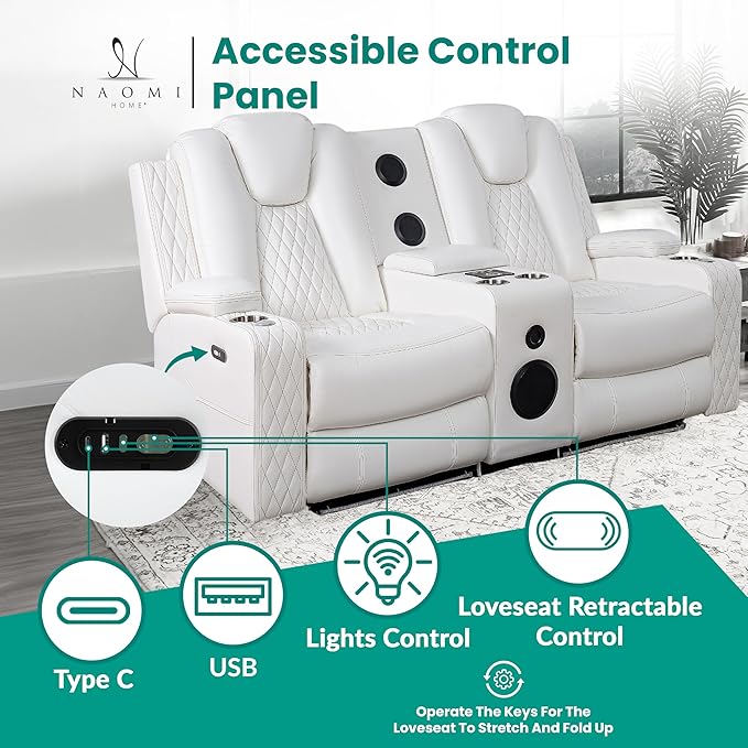 Chicago Home Theater Loveseat Recliner with Bluetooth Speakers LED Lights Wireless Charging Storage Console &amp Cup Holders - White