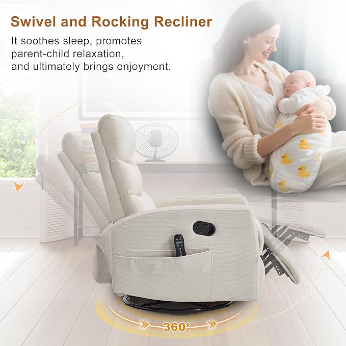 Manual Swivel Rocker Recliner Chair with Vibration Massage Overstuffed Glider Chair with Lumbar Heat for Nursery Living Room Reclining Sofa Chair Chenille Fabric Beige