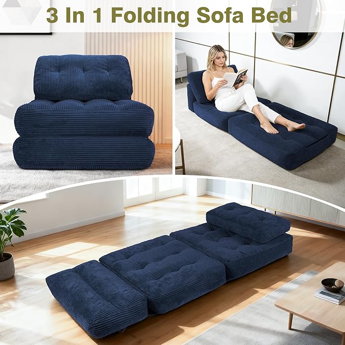 Art3d Folding Sofa Bed Convertible Sleeper Sofa Bed with Pilow &amp Back Support 3 in 1 Long Futon Boneless Couch Comfy Floor Couch for Living Room Bedroom Navy Blue