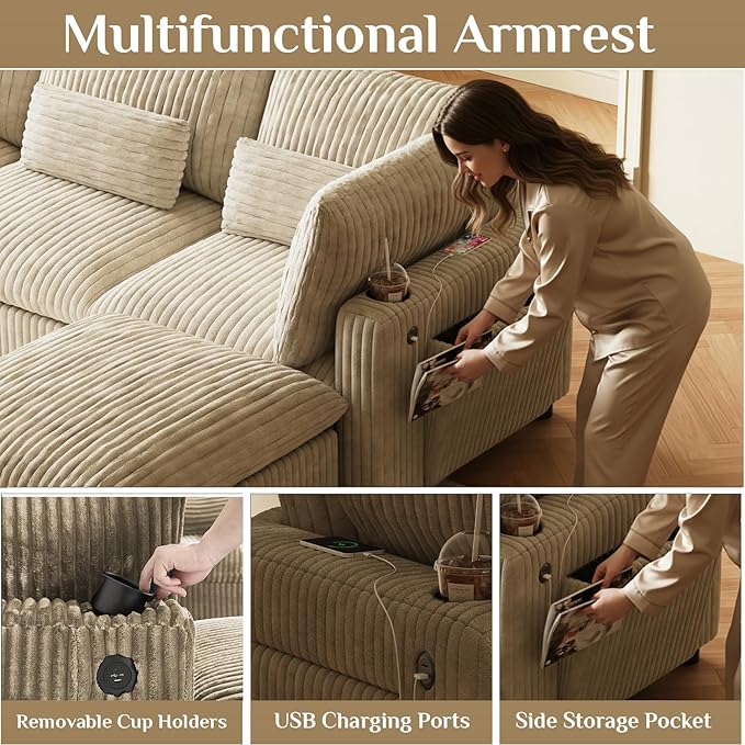 130 Oversized Cloud Couch Large Modular Sectional Sofa Modern U Shaped Sectional Couch 6 Deep Seat Sofa Set for Living Room Comfy Corduroy Cloud Sofa with Ottoman USB Port Cup Holder Light Brown