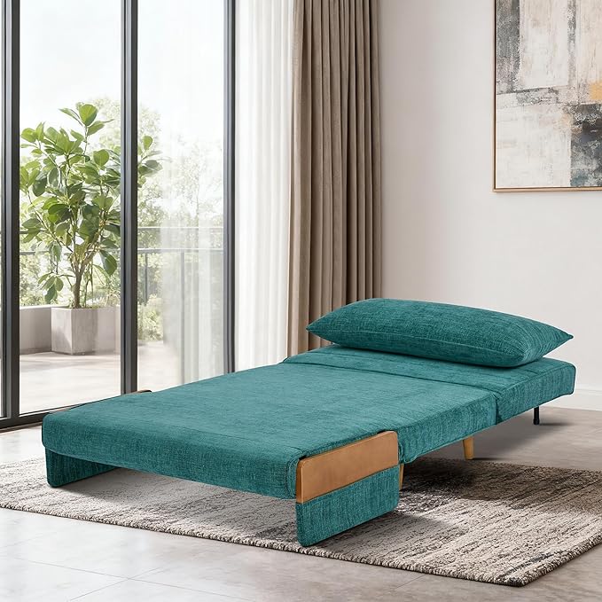 3-in-1 Convertible Sofa Bed Futon Loveseat Couch with Pillow Adjustable Backrest and Removable Armrests Recliner Sleeper Sofa for Small Spaces Living Room Bedroom or Office Peacock Blue