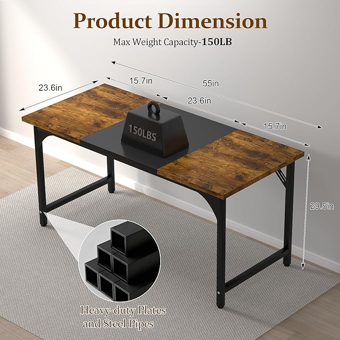 55inch Computer Desk with Deeper Carbon Fiber Desktop Gaming Office Desk with Sturdy Metal FrameHome Office Desk for Gaming Working Studying Rustic Brown