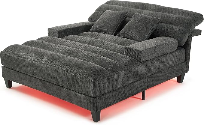 Modern Oversized Chenille Chaise Lounge Chair 57.1 Sofa Bed with Adjustable Backrest and LED Light Strip for Living Room Office (Grey/57.1)