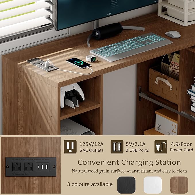 L-Shaped Desk with Storage–Small Study Table with Charging Station Rotating Writing Desk &amp Corner Computer Desk for Home Office 67” Long Bed Side Table（Oak）