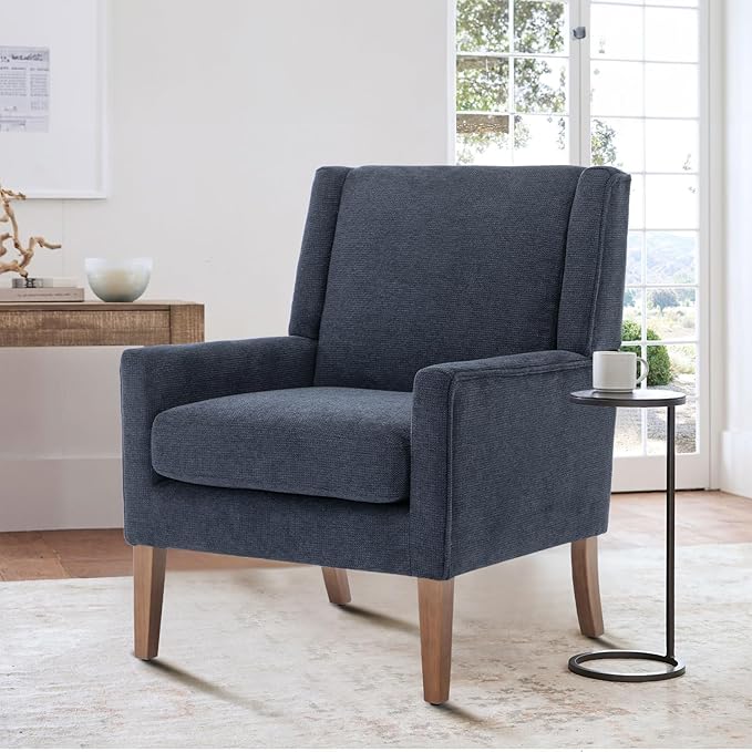 COLAMY Modern Wingback Living Room Chair Upholstered Fabric Accent Armchair Single Sofa Chair with Lounge Seat and Wood Legs for Bedroom/Office/Reading Spaces Blue