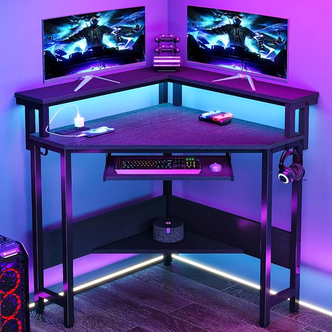 DUMOS Conner Desk Home Office Computer Desk for Small Space with LED Lights Gaming Table with Storage Shelves Power Outlets Monitor Stand Keyboard Tray for Bedroom Black