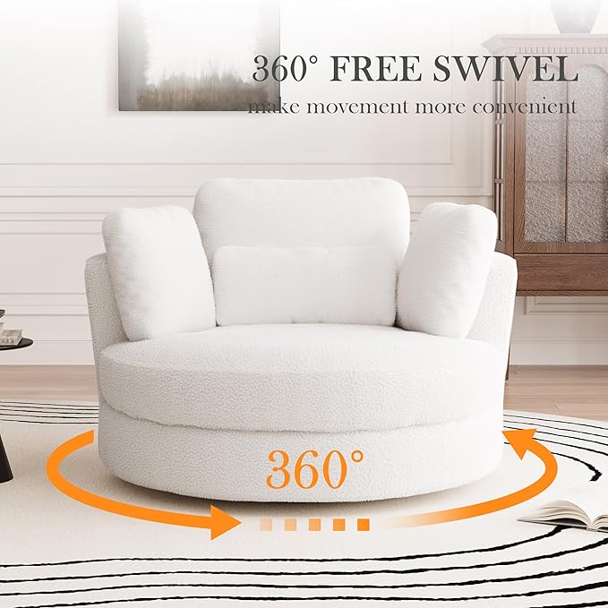 Aoiy &amp Wifon 50.2'' W Oversized Swivel Barrel Chair with Storage Ottoman Ivory Round Accent Chair with Half Moon Ottoman for Living Room Deep Seat &amp Extra Wide Sherpa