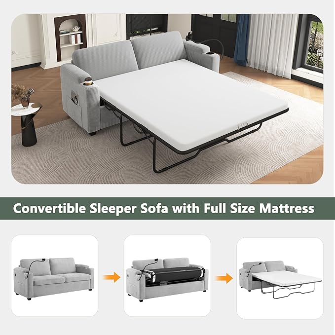 Merax 72.8 Corduroy Sleeper Sofa Bed with Full Size Mattress Futon Couches with USB Ports | Phone &amp Cup Holders| Side PocketsPull Out Couch for Living Room Small Loveseat Grey