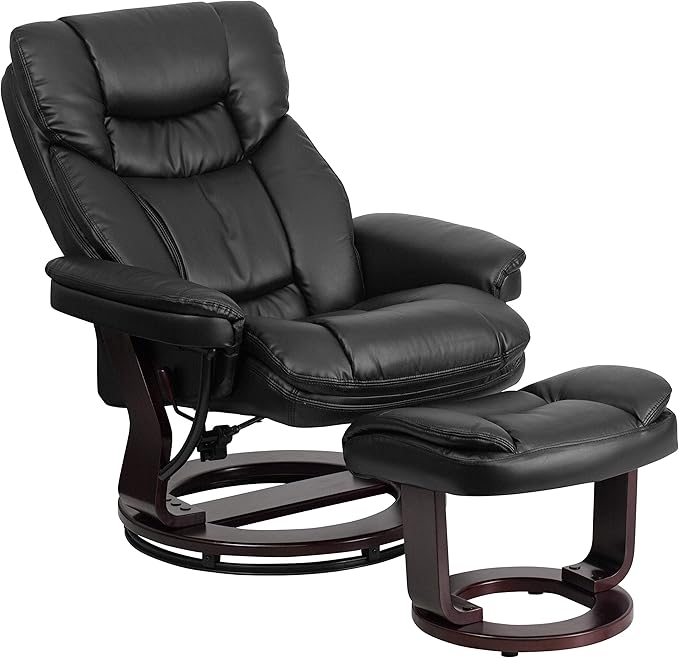 Flash Furniture Allie LeatherSoft Upholstered Recliner with Footrest Arms and Headrest Padded Swivel Recliner Chair and Ottoman Set Black