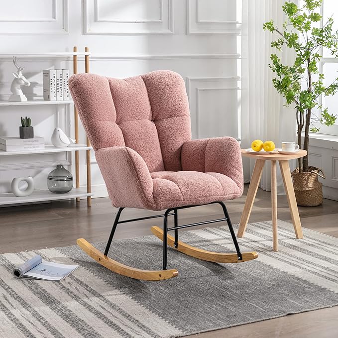 Mid Century Modern Teddy Fabric Tufted Upholstered Rocking Chair Padded Seat for Living Room BedroomPink