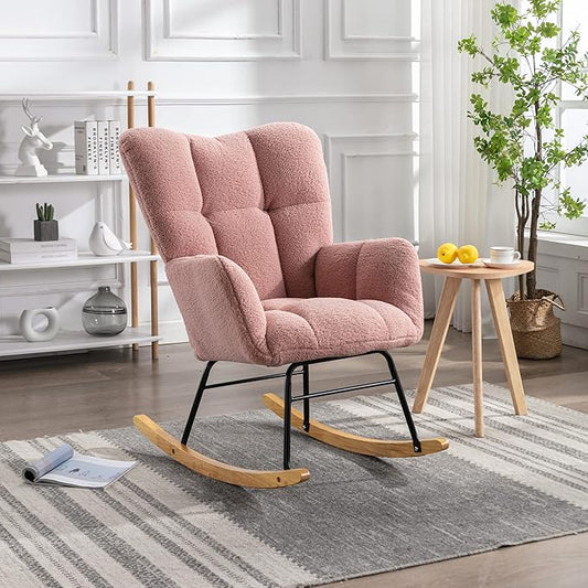 Mid Century Modern Teddy Fabric Tufted Upholstered Rocking Chair Padded Seat for Living Room BedroomPink