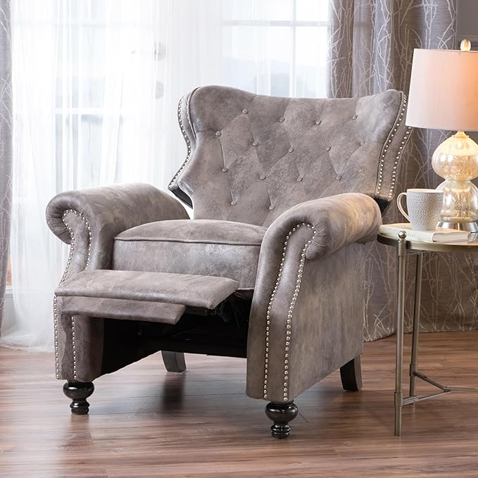 Push Back Recliner Chair Mid Century Wingback Recliner Accent Chair with Rivet Decoration Fabric Push Back Single Sofa for Living Room Adjustable Backrest (Brown Gray)
