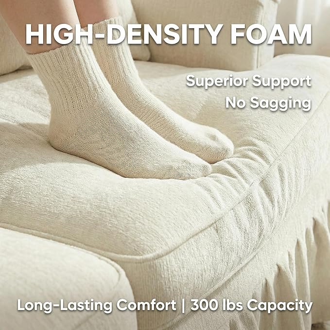 Casaphoria Mid-Century Modern Oversized Loveseat Sofa 2-Seater Chenille Couch with Removable Ruffle Skirt Flared Arms Spindle Legs &amp Throw Pillow for Living Room Apartment