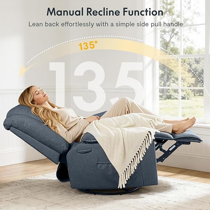 Softa Swivel Rocker Recliner Chair for Adults with Massage &amp Heat 360° Swivel Manual Glider Recliner with Side Pocket Compact Living Room Apartment Reclining Chair (Blue-Grey)