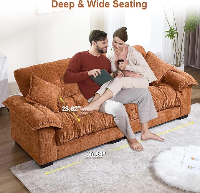 90.5 Modular Cloud Sofa 2 Seater Couch Oversized Loveseat with Armrest Pillow Comfy Tufted Couch Deep Seat Love Seats for Living Room Apartment Small Space- Orange