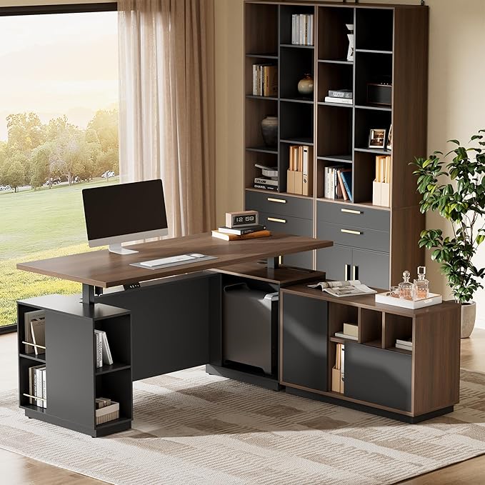 71 Executive Desk with Office Storage Cabinet L Shaped Height Adjustable Standing Desk Privacy Panel Furniture Set with Multiple Functions for Home and Office Black Walnut