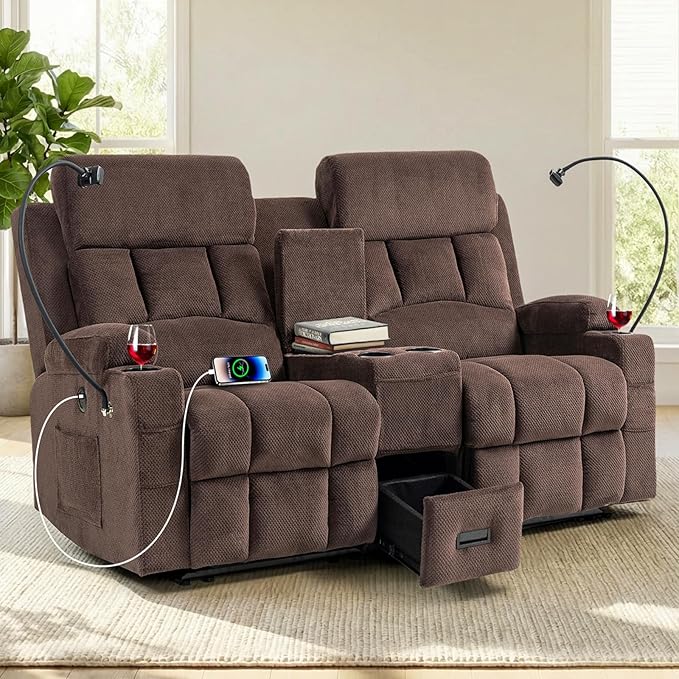 Oversized 72 Loveseat Recliner Sofa with Console Manual Double Reclining Sofa with USB Ports Cup Holders &amp 2 Phone Holders for Living Room Home Theater Game Room (Brown Velvet)